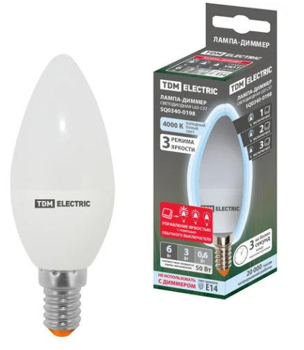 Лампа св/д TDM свеча Е14 6вт(480lm) 4000K степ-димм.(10/50/100%)