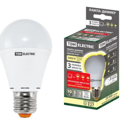 Лампа св/д TDM степ-диммер ЛОН А60 10W 3000K(шаг10/50/100%)