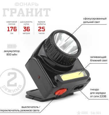 Фонарь налоб. АрмияРоссии GA-501 (акк.) 3WCOB+3WLED