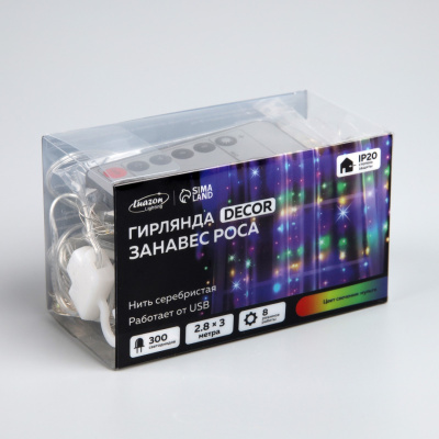 Гирлянда "Роса-занавес" 300LED 2,8*3м свечение мульти, USB пульт