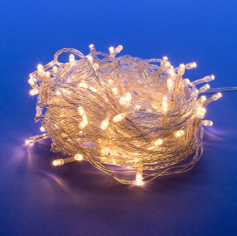 Гирлянда-нить прозрачный провод 100LED(свечение теплое) 8режимов длина 10м 220в