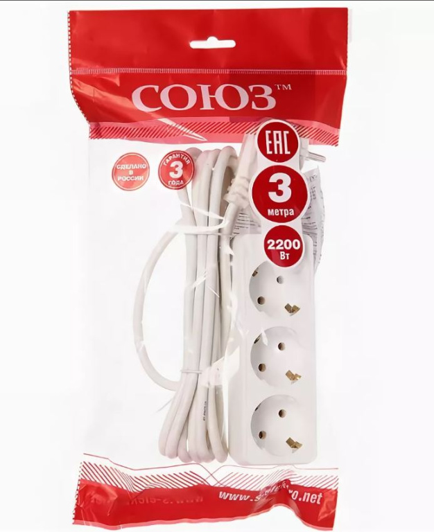 Удлинитель "Союз" ПВС 3гн., 3м.,з/к 2200вт