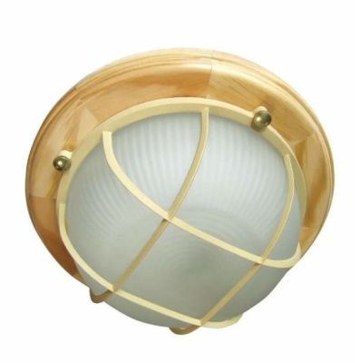 Светильник влагозащ (круг с решеткой) 60W E27 баня 220*85 дерево сосна/стекло IP65 1302