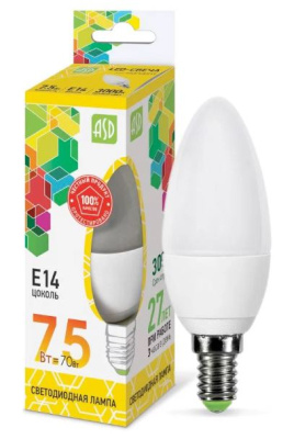 Лампа  св/д LED-свеча стандарт 7,5вт Е14 3000K ASD 3924