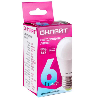 Лампа св/д ОНЛАЙТ шар 6Вт E27 6K дневной свет 61138 Лампа св/д ОНЛАЙТ шар 6Вт E27 6K дневной свет 61138