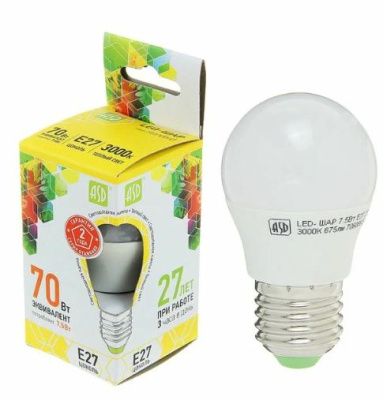 Лампа  св/д LED-шар стандарт 7,5вт Е27 3000K ASD 3986