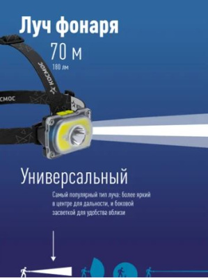 Фонарь налобный Космос КОС507 1св/д 3W+COB 5W(180+310lm) IP54 аккум.