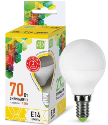 Лампа  св/д LED-шар стандарт 7,5вт Е14 3000K ASD 3962