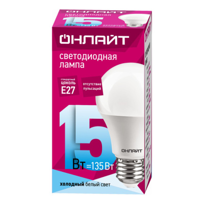 Лампа св/д ОНЛАЙТ A60 15Вт E27 4000K холодный свет 61150 Лампа св/д ОНЛАЙТ A60 15Вт E27 4000K холодный свет 61150