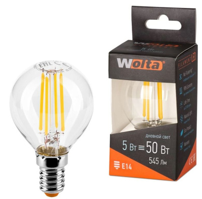 Лампа св/д Wolta нитевидная шар E14 5W (545lm) 4000k